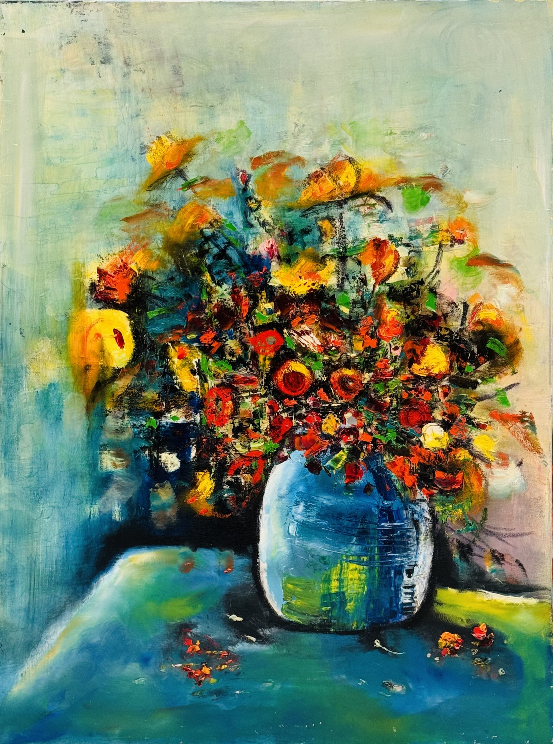 Vivid Blossoms in a Blue Vase