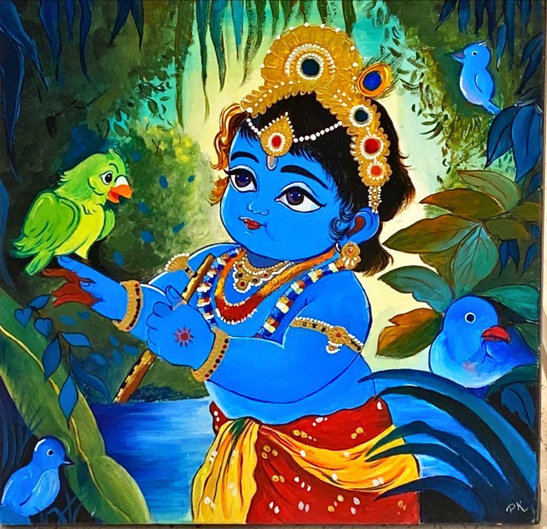 Little Krishna with Forest Birds - 8 x 8 in